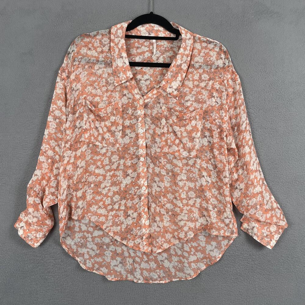 Free People Shirt Womens Extra Small Orange Floral Sheer Button Up Long Sleeve